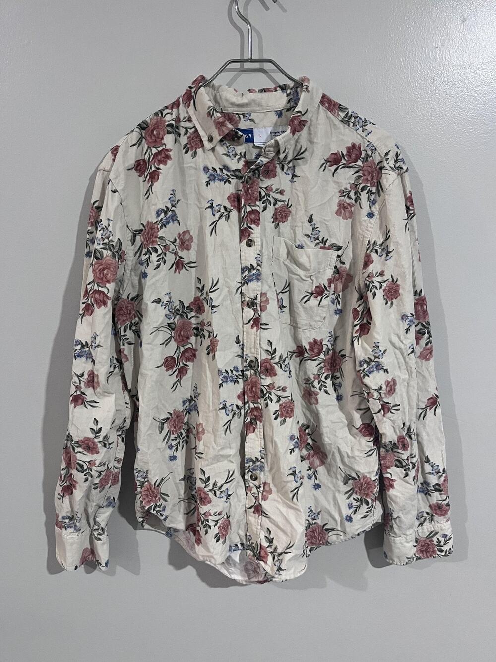 Old Navy Shirt Mens L White Floral Corduroy Long Sleeve Button-Up Pocket